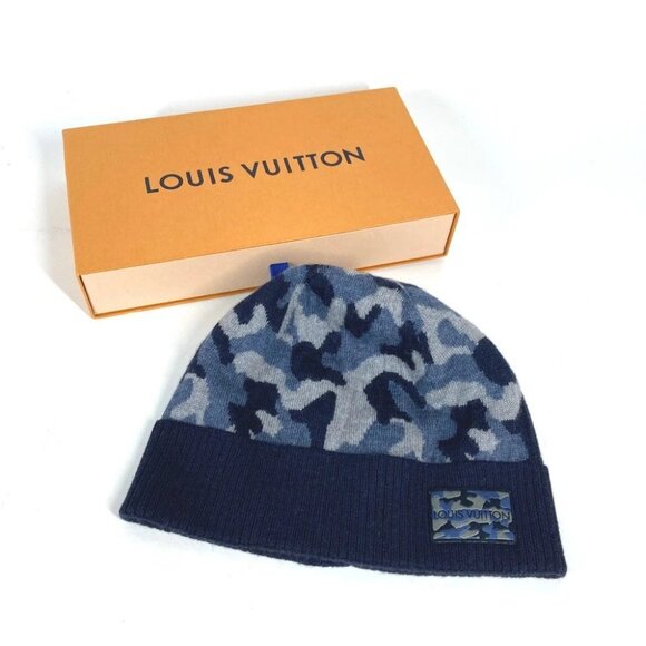 LOUIS VUITTON M70725 beanie hat knit hat knit cap Camouflage Knit hat wool blue - Picture 6 of 13